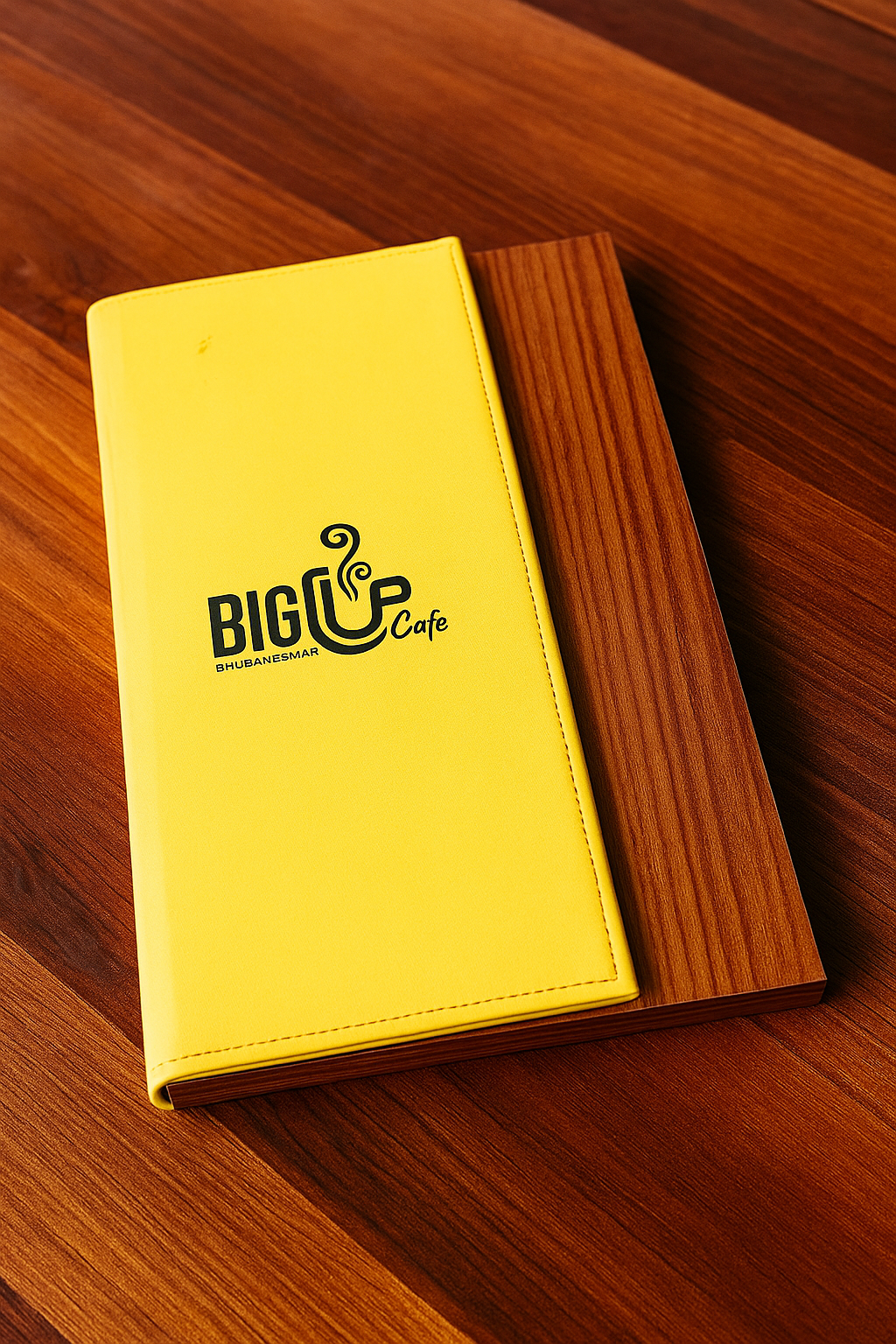 Yellow Colored Soft Touch Wooden Menu Cover for Lounge