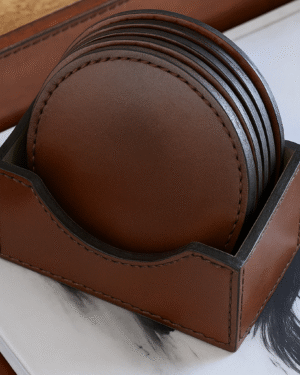 Round Dark Brown Leather Coaster Set Of 4