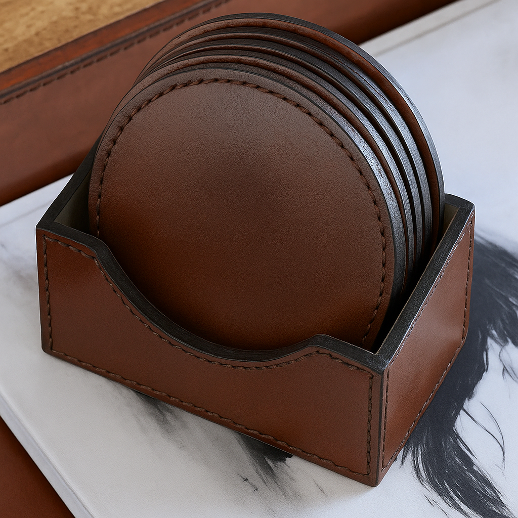 Round Dark Brown Leather Coaster Set Of 4