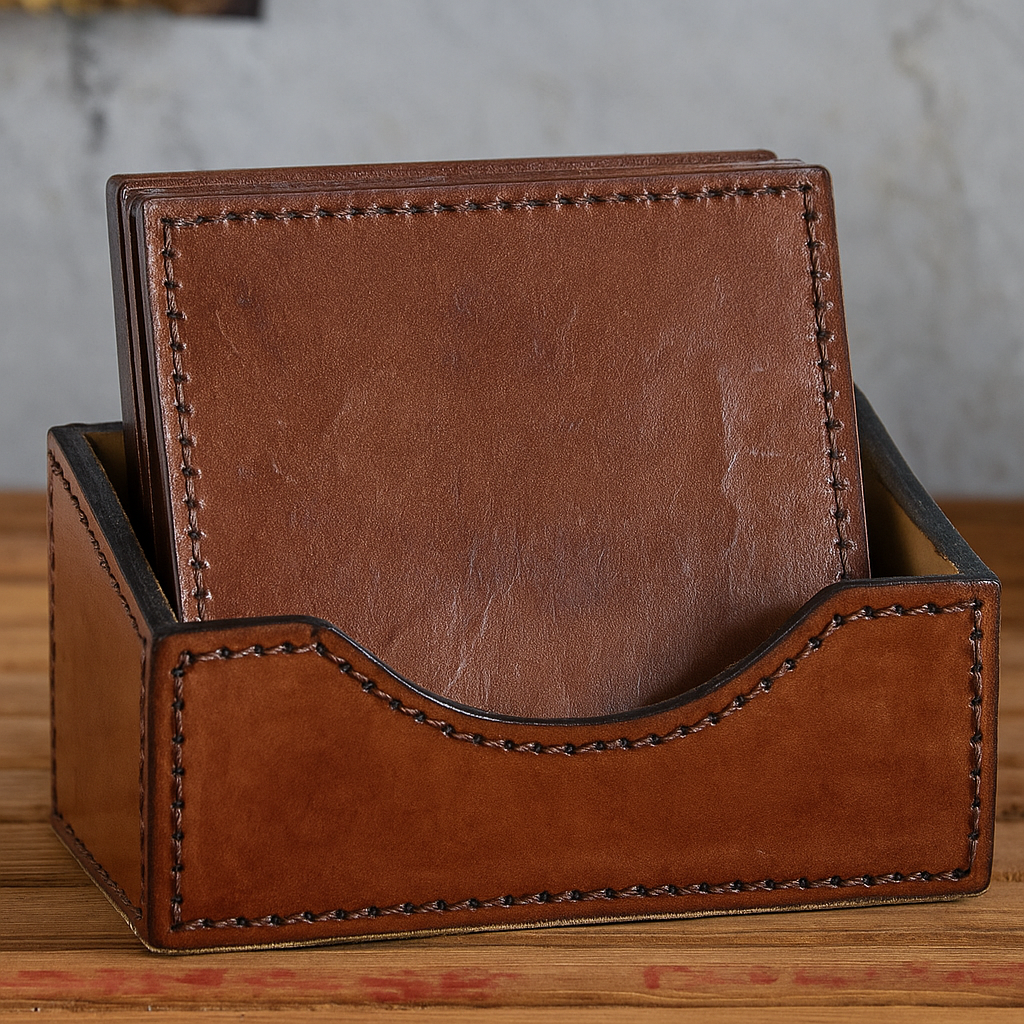 Wooden Leatherite Square Coaster Set Of 4