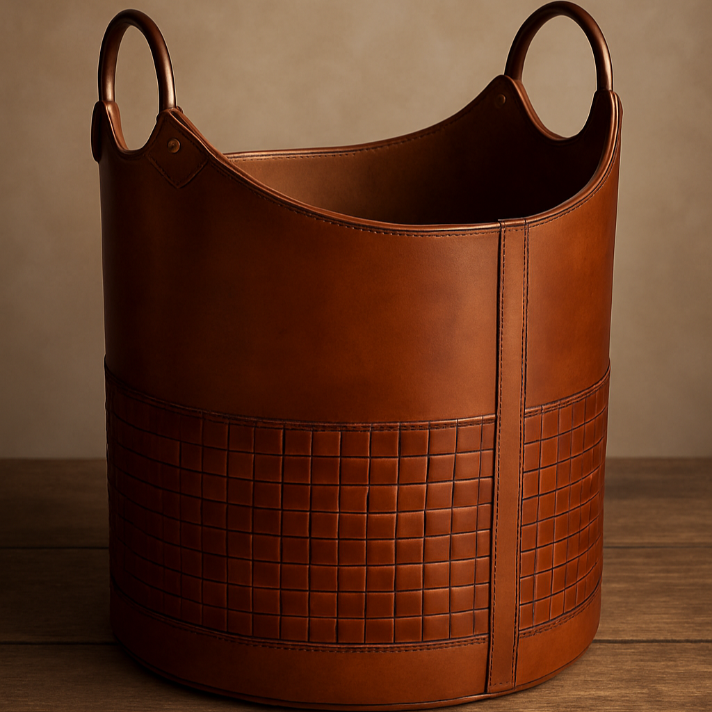 Tall Leather Storage Bin with Handles