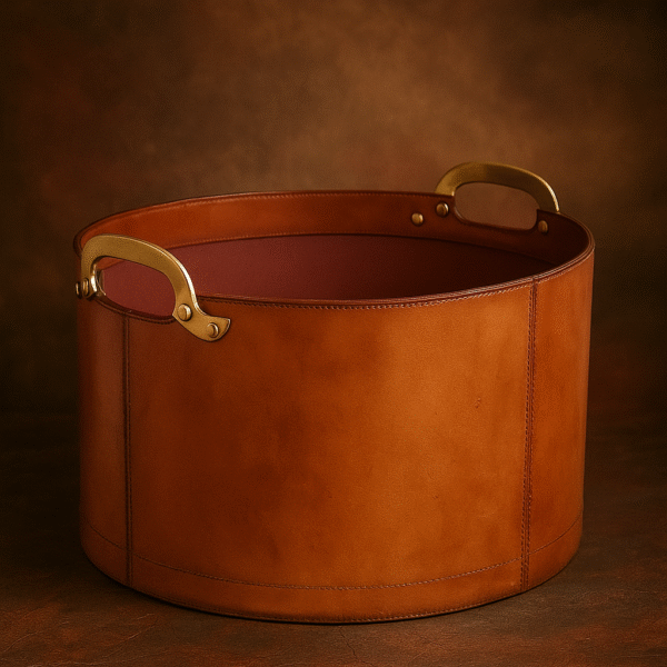 Round Leather Basket with Brass Handles