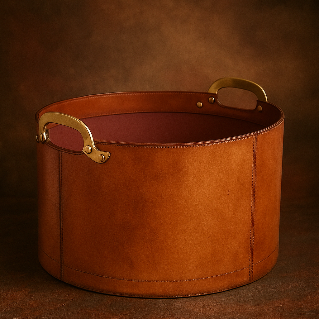 Round Leather Basket with Brass Handles