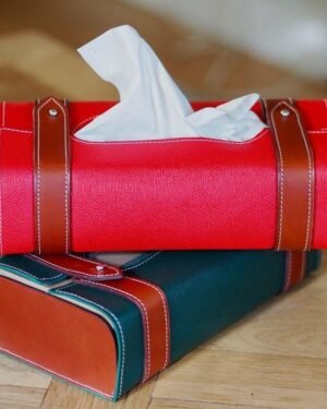 Two-Tone Red & Teal Leather Tissue Box