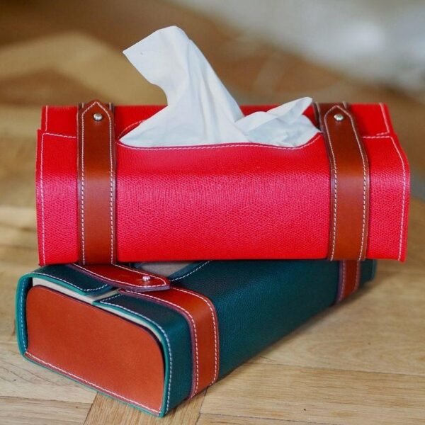 Two-Tone Red & Teal Leather Tissue Box