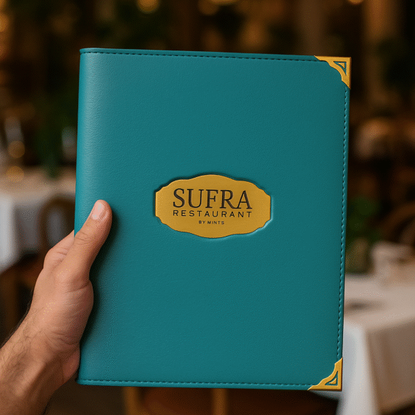 Teal Blue Menu Folder With Golden Edges