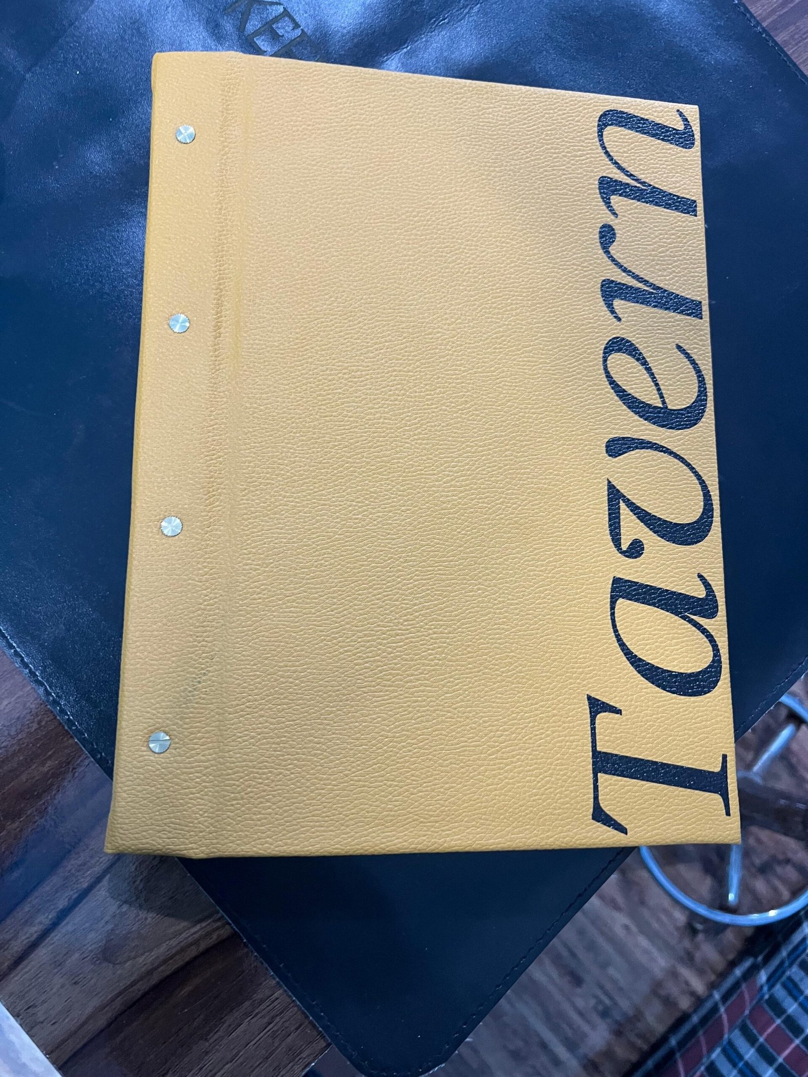 Second image of Mustard PU Luxury Menu With Brass Screws
